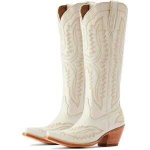 Women's White Vintage Chunky Tall Knee High Heel Western Embroidery Boots